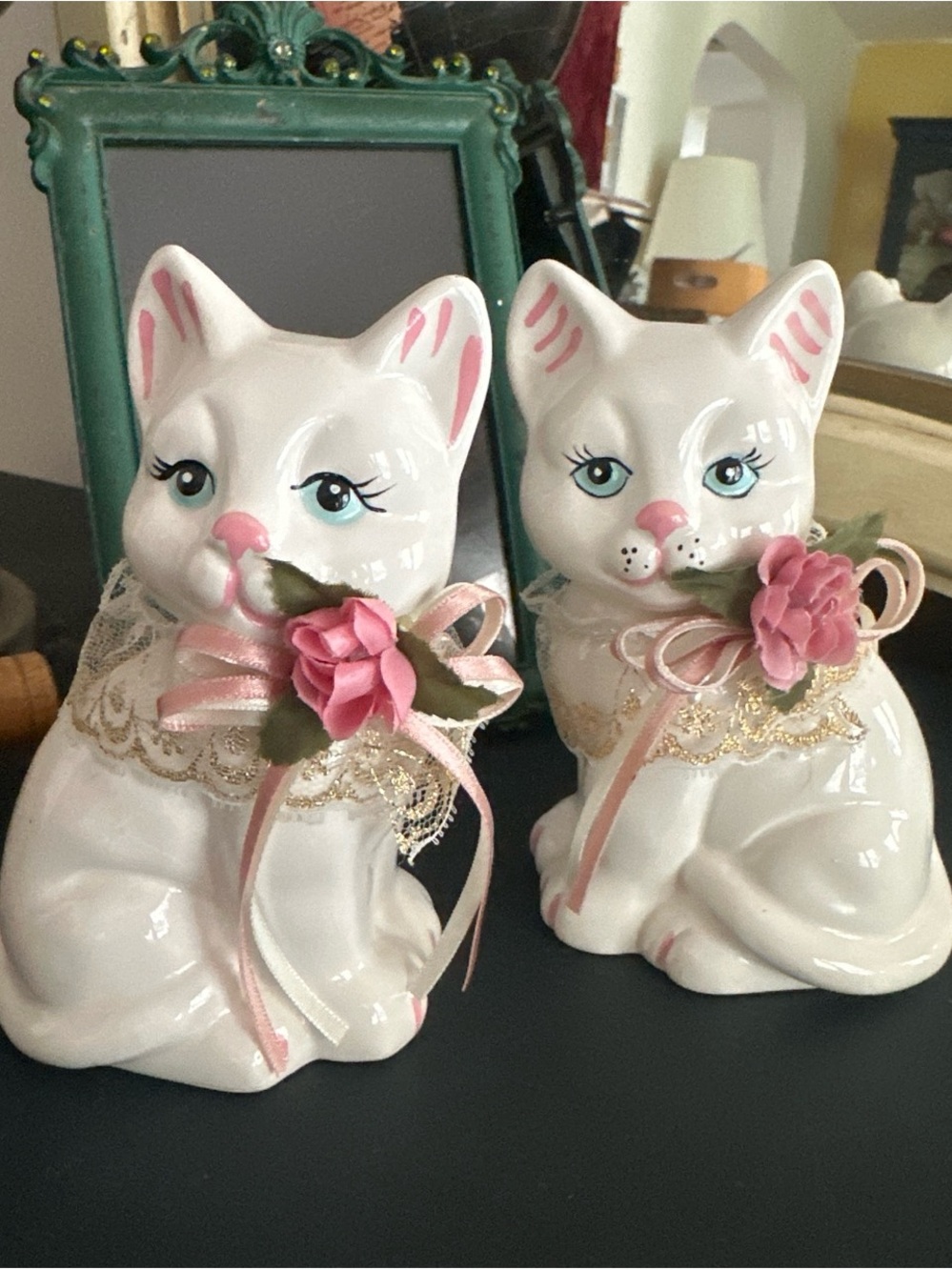 White Ceramic Cat Figurines with Pink Floral Bows - Home Accents Decor